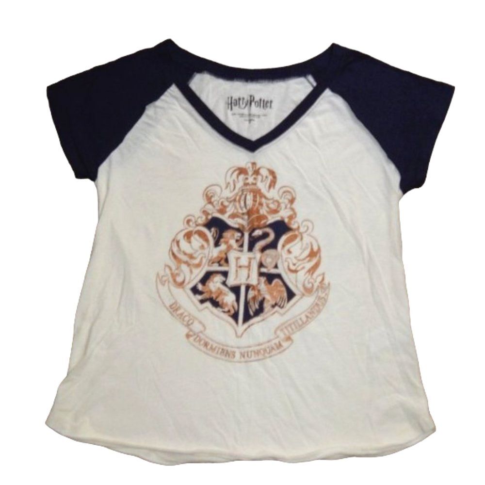Harry Potter Women’s Medium Cream Navy Hogwarts Crest Pajama Sleep Shirt V-Neck